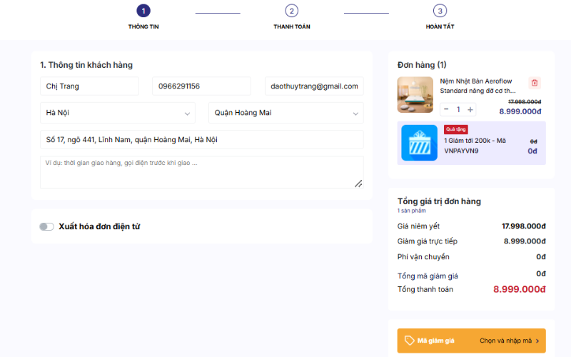 Trả góp Vua Nệm có phức tạp không khi đặt hàng online? 4 Chọn Tiến hành thanh toán