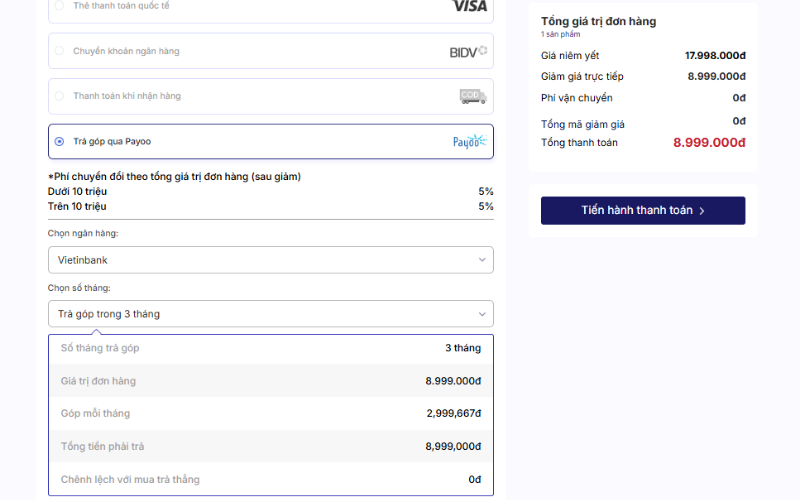 Trả góp Vua Nệm có phức tạp không khi đặt hàng online? 6 Sau đó chọn Tiến hành thanh toán
