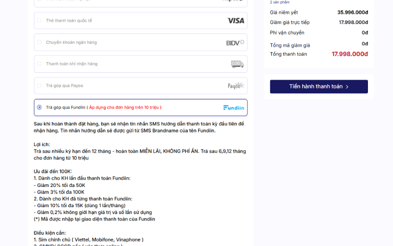 Trả góp Vua Nệm có phức tạp không khi đặt hàng online? 9 Trả góp Vua Nệm qua Fundiin
