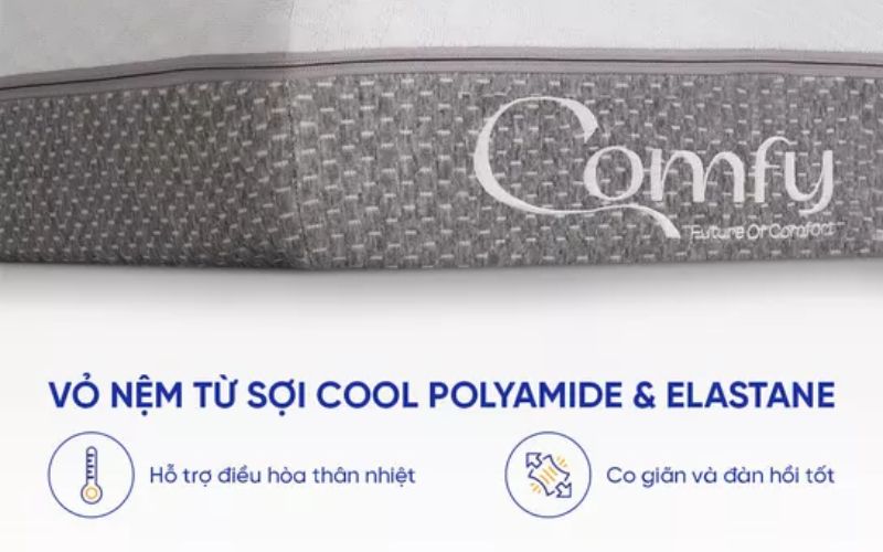 Có nên mua nệm Comfy Cloud 3.0 không? Tại sao? 3 Áo nệm sợi Cool Polyamide + lõi đục lỗ thông thoáng, hạn chế hầm bí, đổ mồ hôi, phù hợp cả người dễ nóng lưng