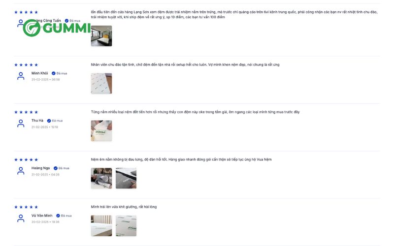 Rất nhiều khách hàng để lại phản hồi tốt về nệm Gummi
