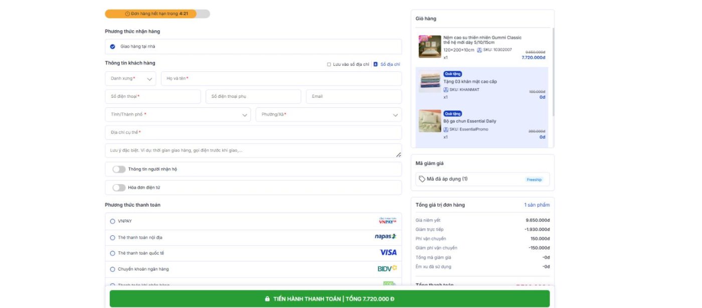 Điền thông tin và lựa chọn phương thức thanh toán