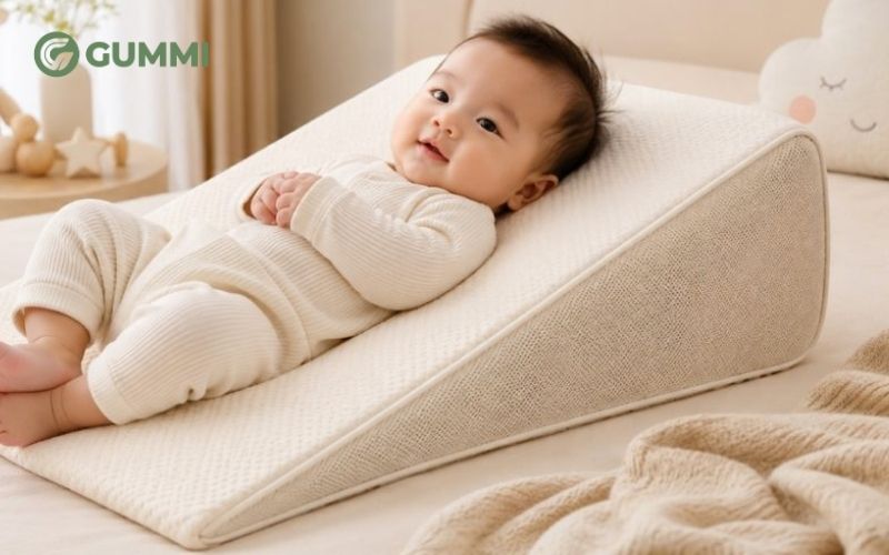 Gối chống trào với độ nghiêng nhất định giúp hạn chế tình trạng sữa trào ngược lên thực quản ở một số trẻ